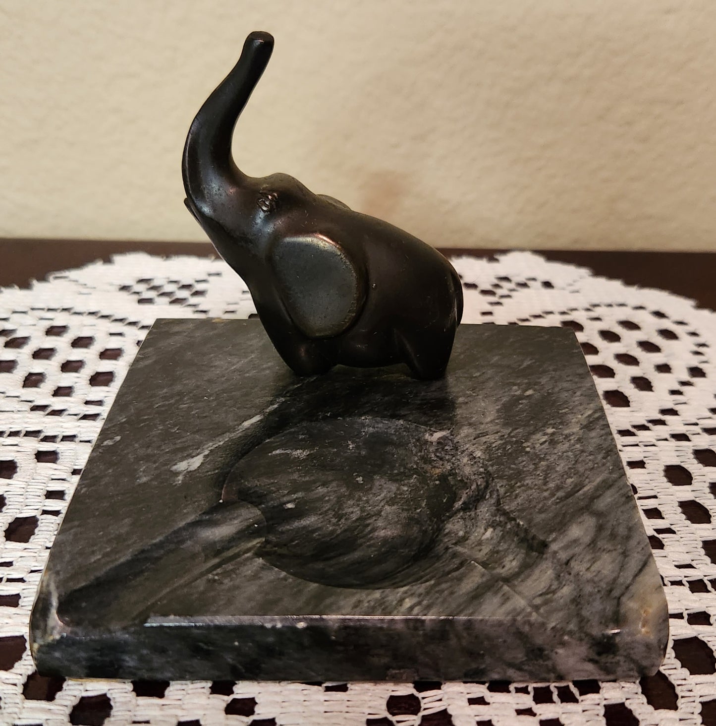 Vintage Bronze Elephant Marble Ashtray