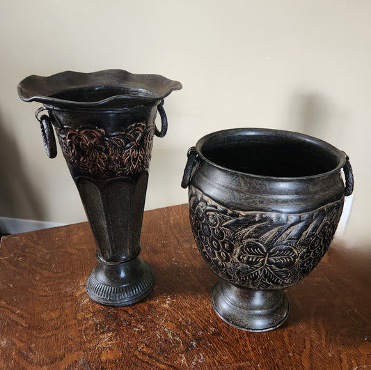 Pair of Vintage Bronze Finish Metal Urns / Planters / Vases Made In India
